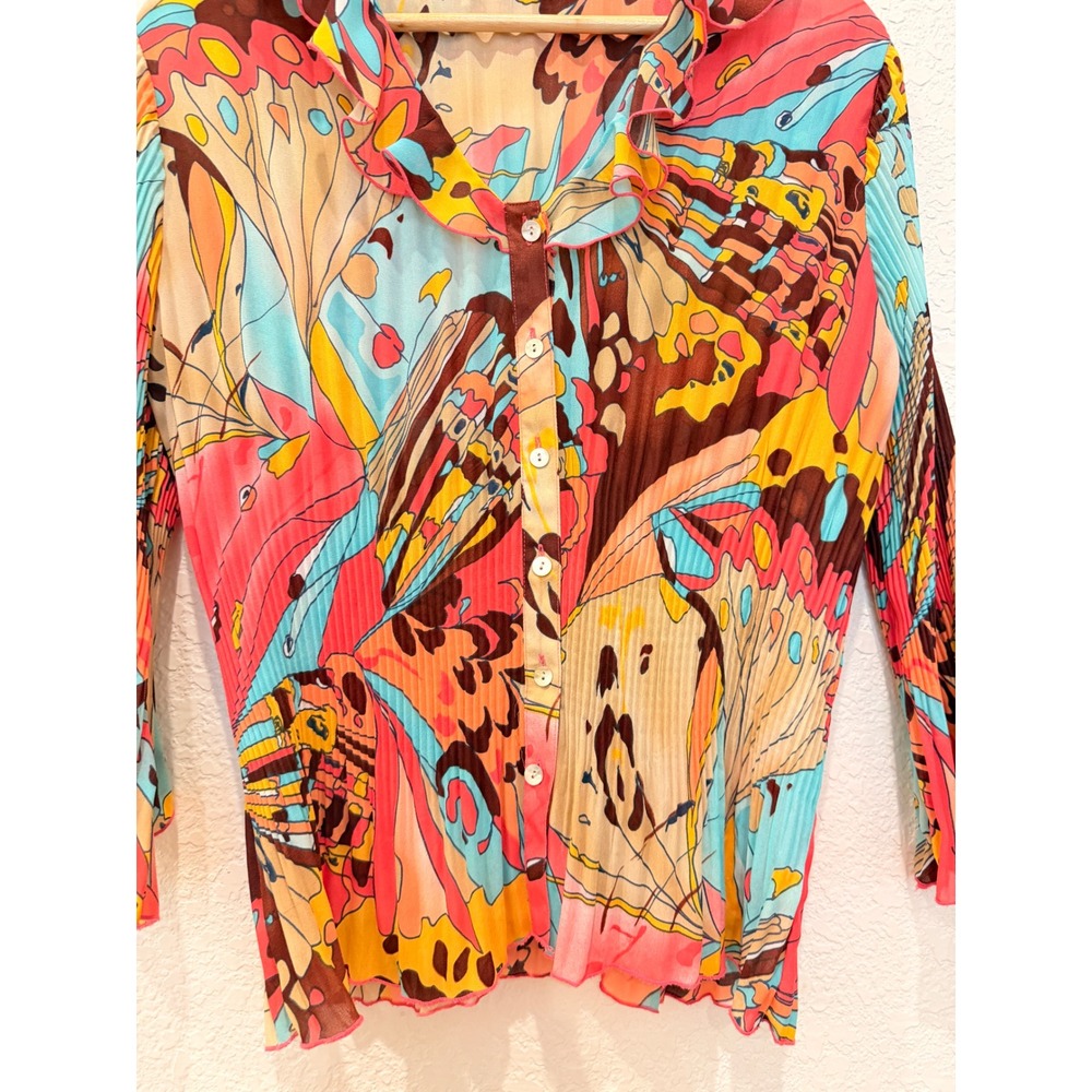 Nicola Women Butterfly‎ Print Plisse Pleated Blouse Pink Blue Y2K Bell Sleeve L - Picture 5 of 12